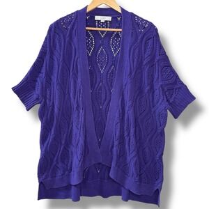 LOFT Purple Cable Knit Short‎ Sleeve Open Front Cardigan Sweater Women's XL